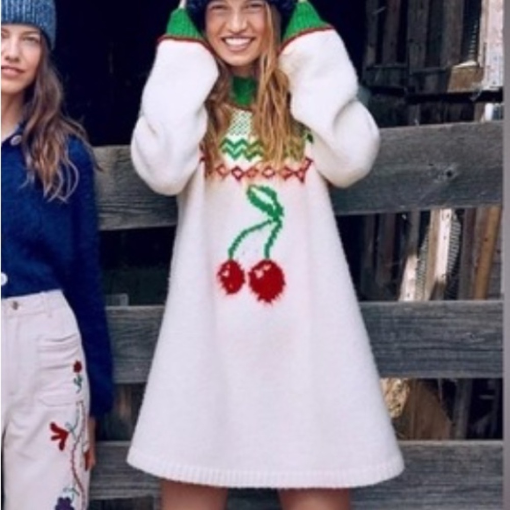 Free People White Sweater Dress with Cherry Motif Cherry Love Large